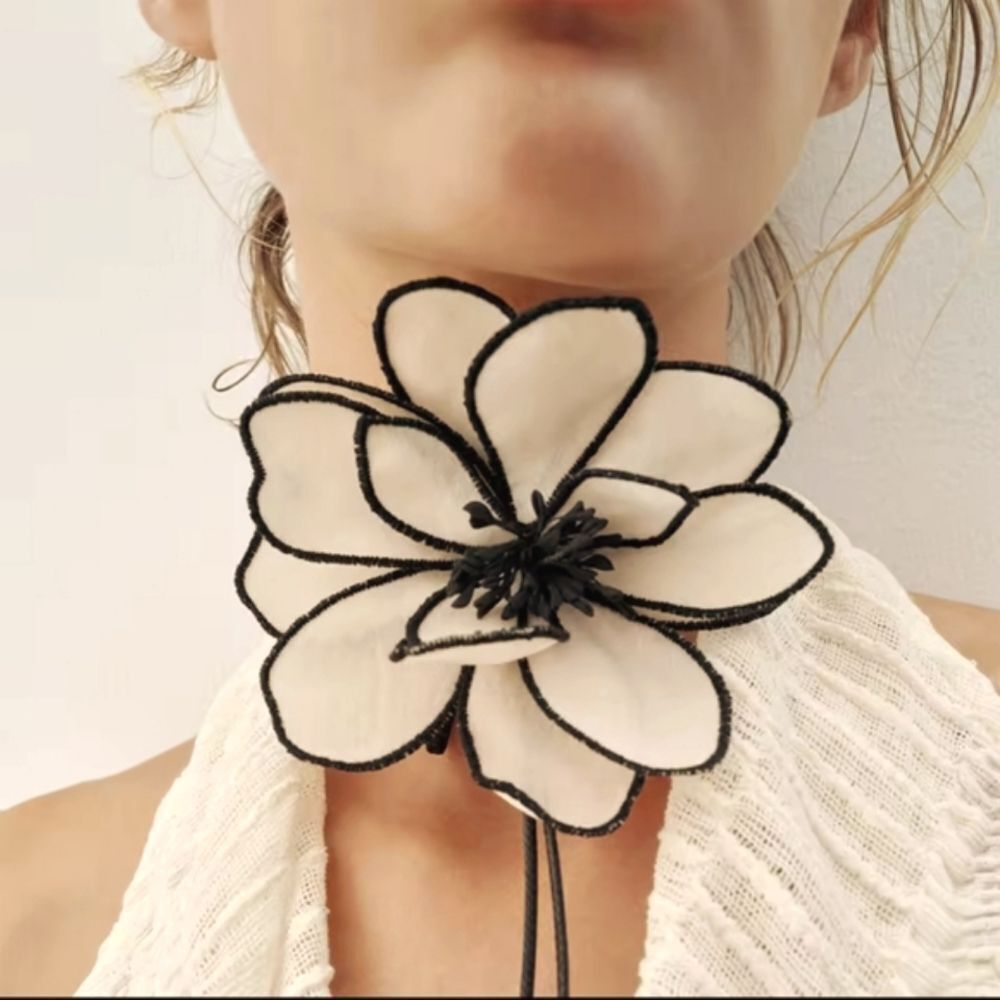 New! ZARA Ecru & Black Floral Cord Choker Necklace | (1005) NWOT